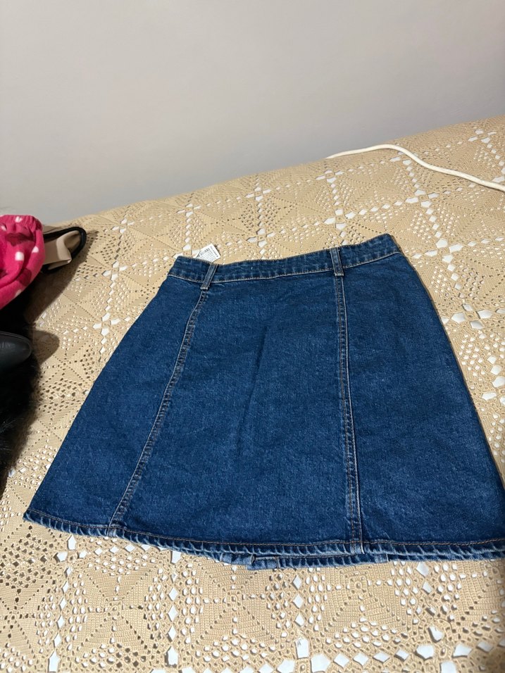 Düğmeli Koyu Mavi Denim Midi Etek - Görsel 5