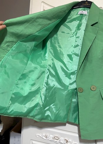 Düğmeli Yeşil Kadın Keten Blazer Ceket - Görsel 4