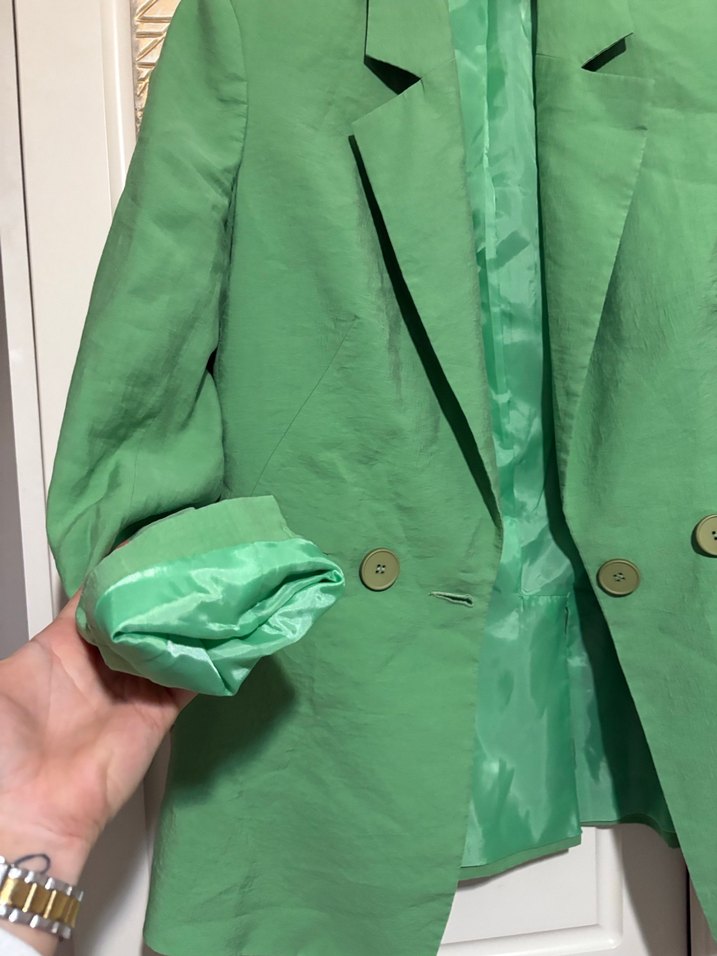 Düğmeli Yeşil Kadın Keten Blazer Ceket - Görsel 2