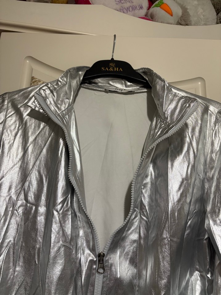 Gri Metalik Uzun Kollu Kadın Ceket - Görsel 2