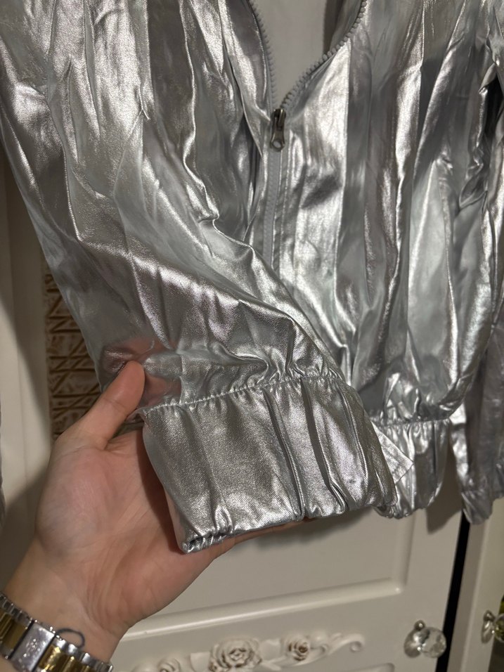 Gri Metalik Uzun Kollu Kadın Ceket - Görsel 5