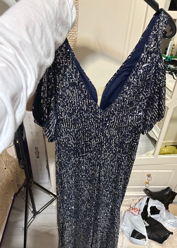 Lacivert Yılan Desenli Uzun Drapeli Abiye Elbise - Görsel 5