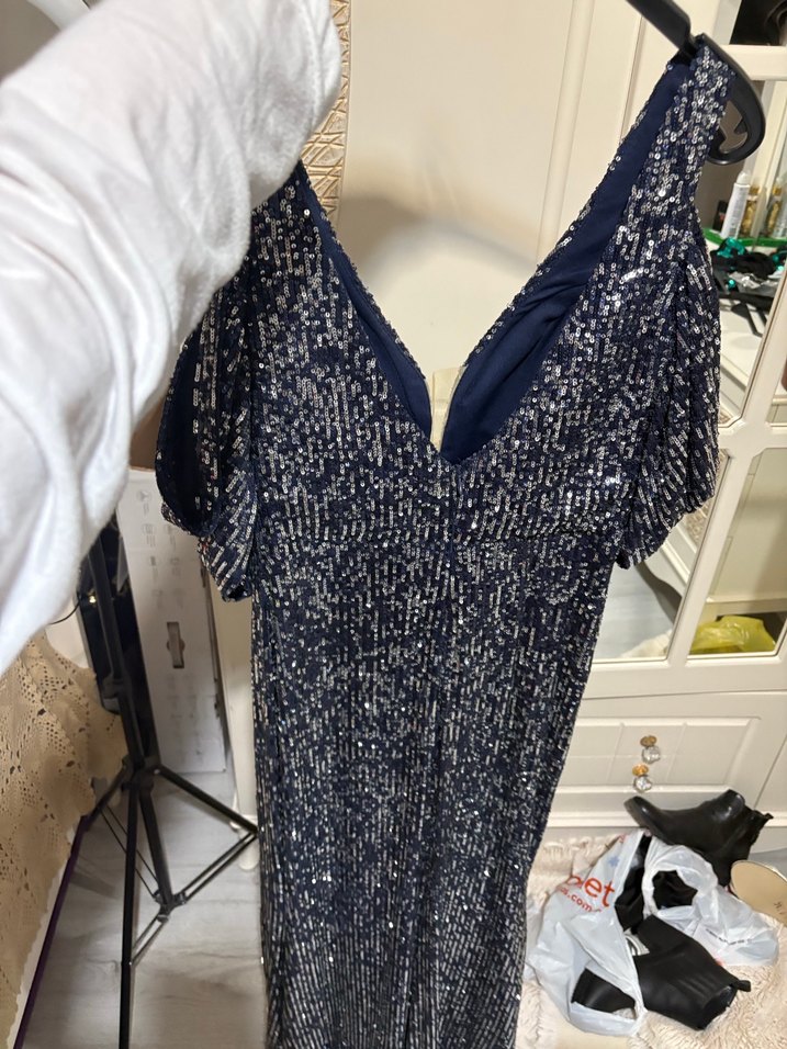 Lacivert Yılan Desenli Uzun Drapeli Abiye Elbise - Görsel 5