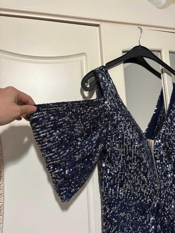 Lacivert Yılan Desenli Uzun Drapeli Abiye Elbise - Görsel 2