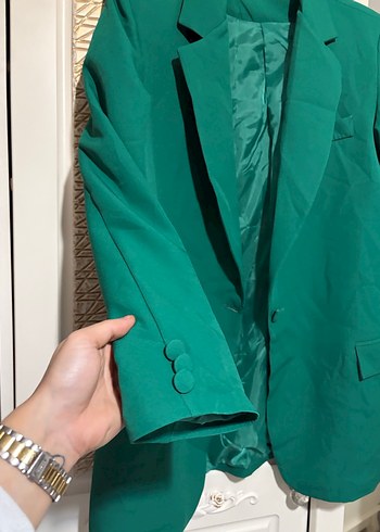 Kadın Yeşil Düğmeli Midi Blazer - Görsel 3