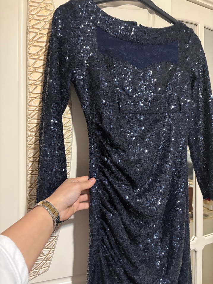 Lacivert Drapeli Uzun Abiye Elbise - Görsel 3