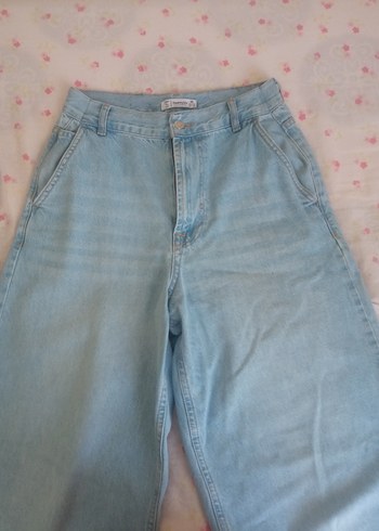 Düğmeli Loose Fit Mavi Denim Midi Kadın Pantolon