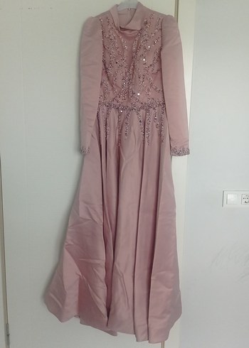 Pembe İşlemeli Uzun Kollu Abiye Elbise - Görsel 2