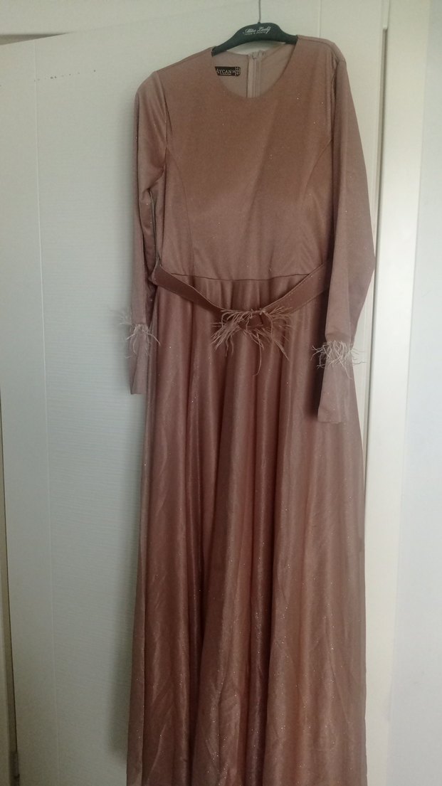 Bej Uzun Kollu Kadın Abiye Elbise - Görsel 3