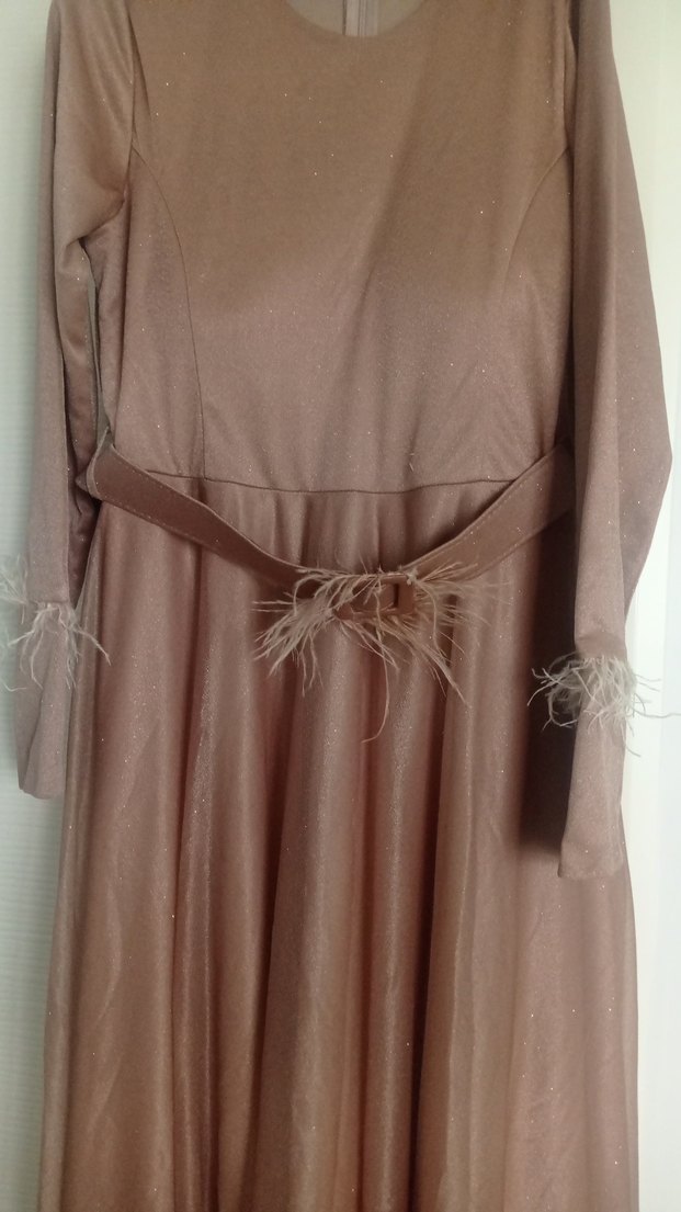 Bej Uzun Kollu Kadın Abiye Elbise - Görsel 2