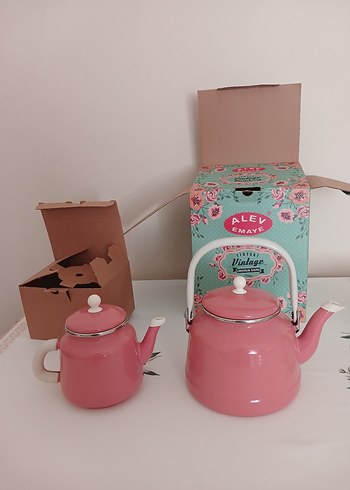 Beden pembe Renk sıfır vintage emaye çaydanlık seti