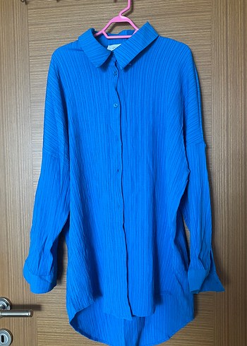 Mavi Uzun Kollu Keten Gömlek - Görsel 2