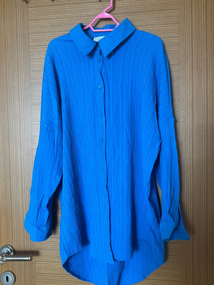 Mavi Uzun Kollu Keten Gömlek - Görsel 2