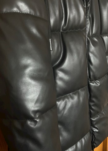 Siyah Deri Midi Kadın Kışlık Mont - Görsel 2