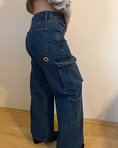 38 Beden mavi Renk Aplikeli Mom Jeans Yüksek Bel Kargo Kot Pantolon