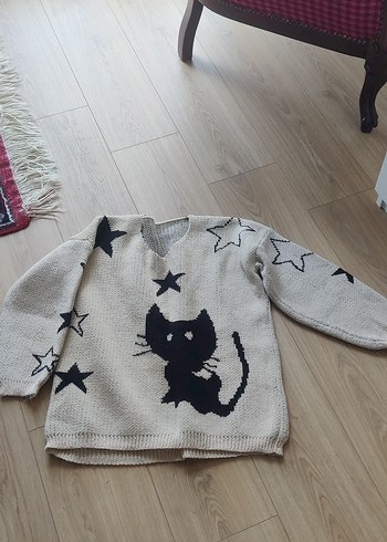 Gri Örgü Kedi Desenli Street Wear Kazak