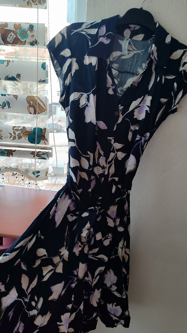 Düğmeli Mavi Beyaz Puantiyeli günlük elbise - Görsel 5