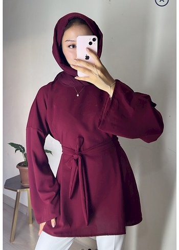 Bordo Kadın Midi Tunik, Kemerli, Yüksek Yaka