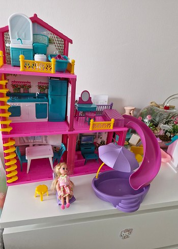 3 Katlı Pembe Oyuncak Ev ve Teraslı - Görsel 2