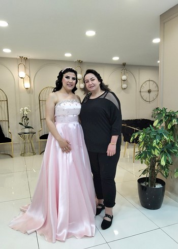 40 Beden taşlı Straplez Pembe Uzun Abiye Elbise