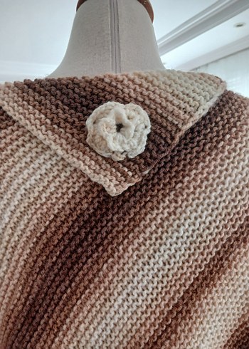 Bej Çizgili Uzun Örgü Bohem Pelerin - Görsel 7