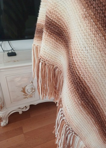 Bej Çizgili Uzun Örgü Bohem Pelerin - Görsel 6