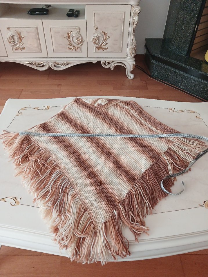 Bej Çizgili Uzun Örgü Bohem Pelerin - Görsel 5