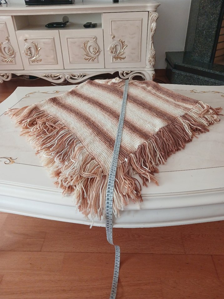 Bej Çizgili Uzun Örgü Bohem Pelerin - Görsel 4