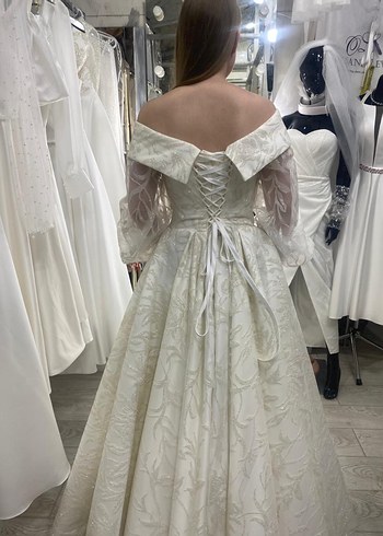 Uzun Kollu V Yaka Beyaz Prenses Gelinlik - Görsel 3