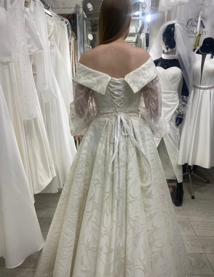 Uzun Kollu V Yaka Beyaz Prenses Gelinlik - Görsel 3