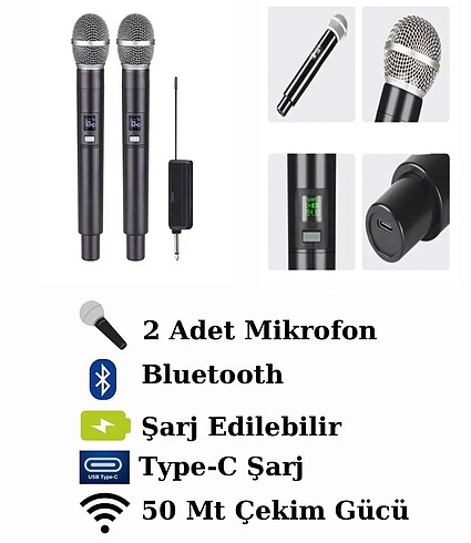 2 adet şarj edilebilir mikrofon