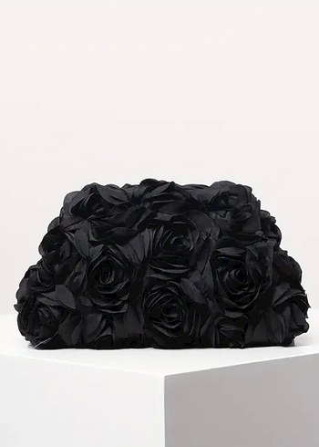 Siyah Çiçek Detaylı Kadın Clutch Çanta