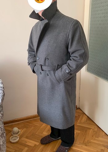 Gri Kemerli yün Erkek Kaban - Görsel 10