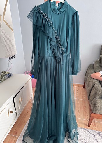 Uzun Kol Drapeli Yeşil Tesettür Abiye Elbise - Görsel 5