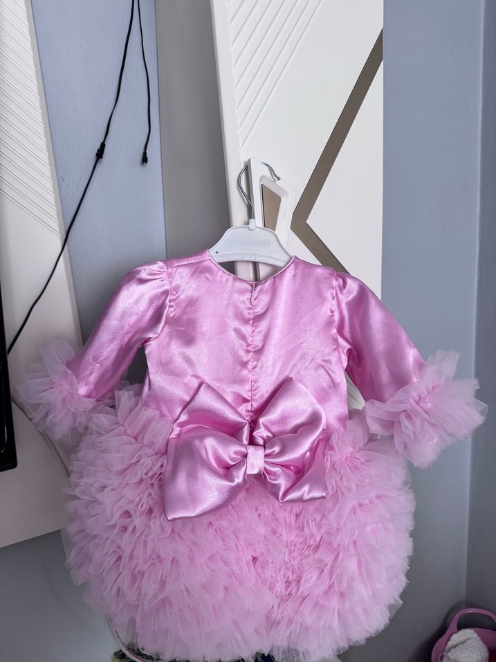 Pembe Kız Çocuk Fırfırlı Uzun Kollu Elbise - Görsel 4