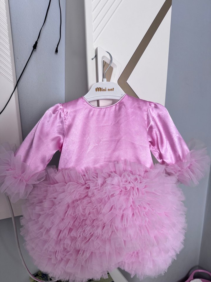 Pembe Kız Çocuk Fırfırlı Uzun Kollu Elbise - Görsel 3