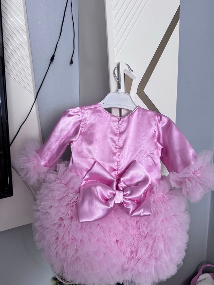 Pembe Kız Çocuk Fırfırlı Uzun Kollu Elbise - Görsel 2