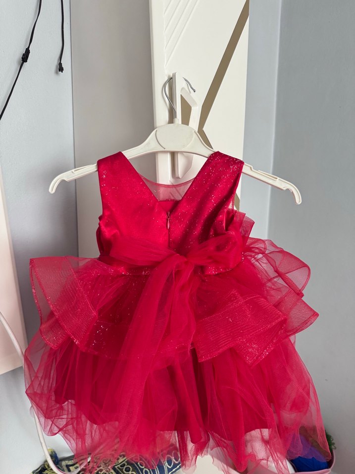 Kırmızı Kız Çocuk Fırfırlı Straplez Elbise - Görsel 4