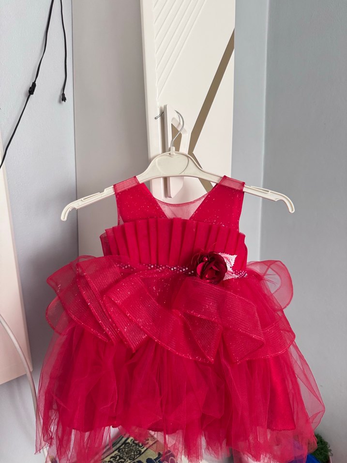Kırmızı Kız Çocuk Fırfırlı Straplez Elbise - Görsel 3