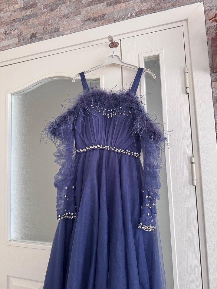 Kadın Lacivert Uzun Drapeli Abiye Elbise - Görsel 4