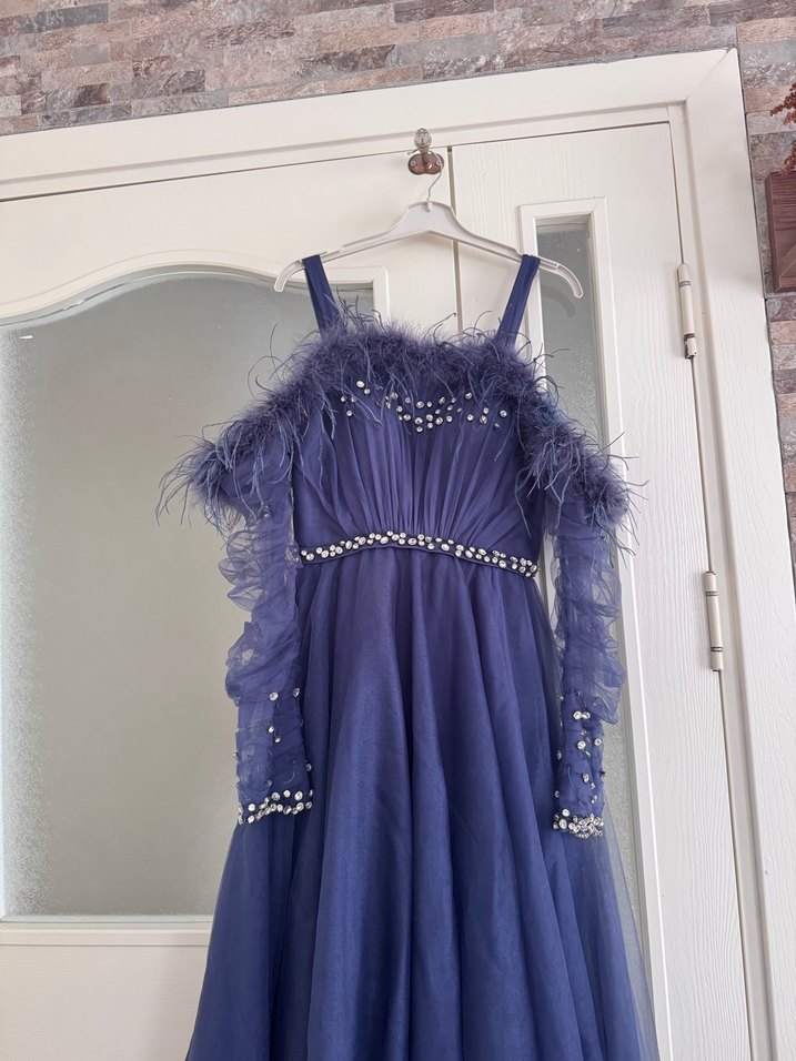 Kadın Lacivert Uzun Drapeli Abiye Elbise - Görsel 2