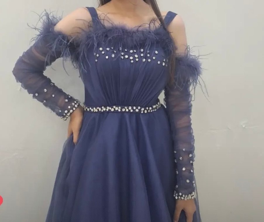 Kadın Lacivert Uzun Drapeli Abiye Elbise - Görsel 5