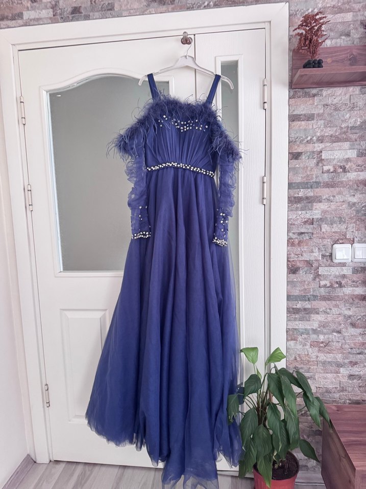 Kadın Lacivert Uzun Drapeli Abiye Elbise - Görsel 3