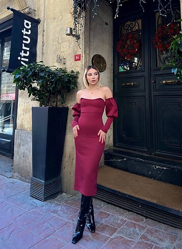 m Beden OMUZLARI AÇIK SCUBA KUMAŞ BALON KOL BORDO ELBİSE