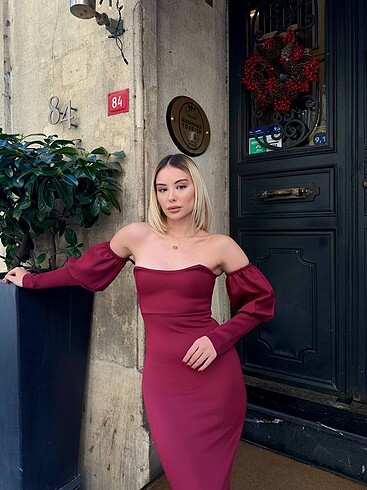 l Beden OMUZLARI AÇIK SCUBA KUMAŞ BALON KOL BORDO ELBİSE