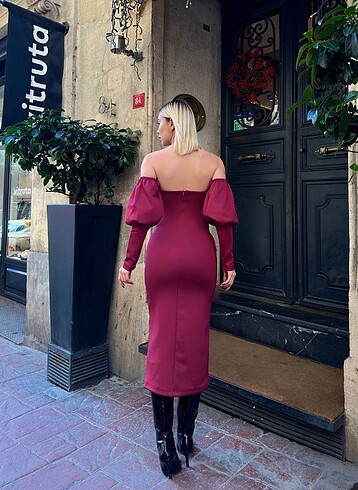 l Beden bordo Renk OMUZLARI AÇIK SCUBA KUMAŞ BALON KOL BORDO ELBİSE