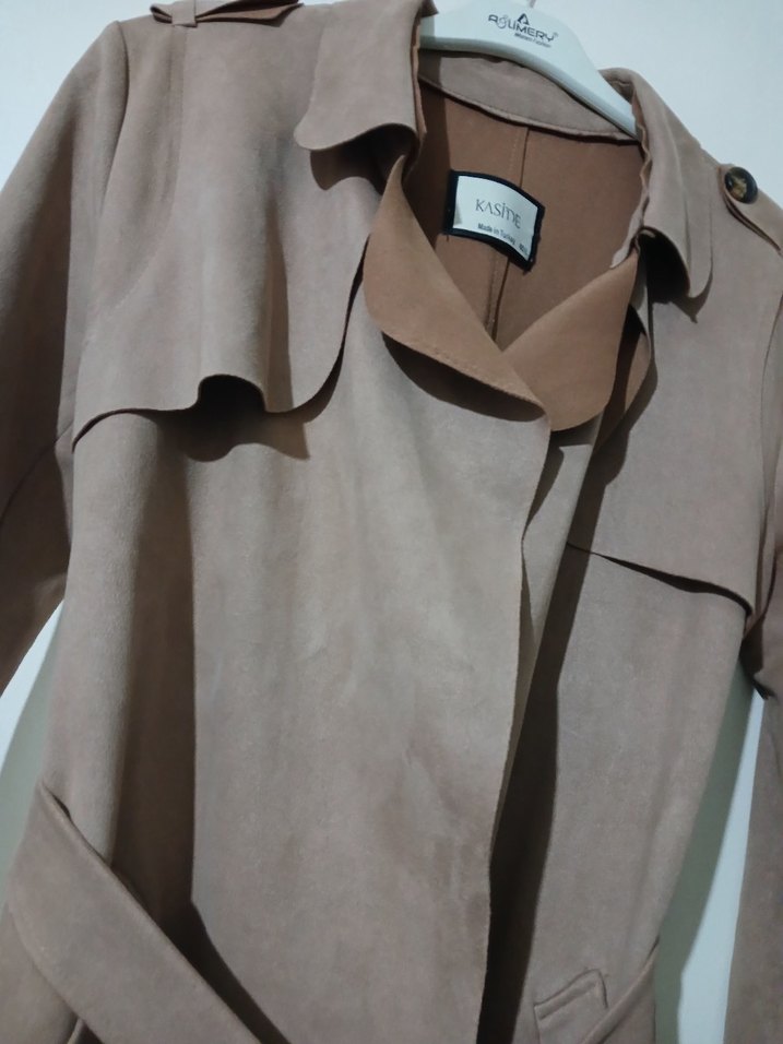 Bej Süet Kadın Uzun Trençkot - Görsel 2