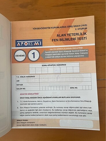 Apotemi yayınları 15'li Ayt Fen Bilimleri Denemesi