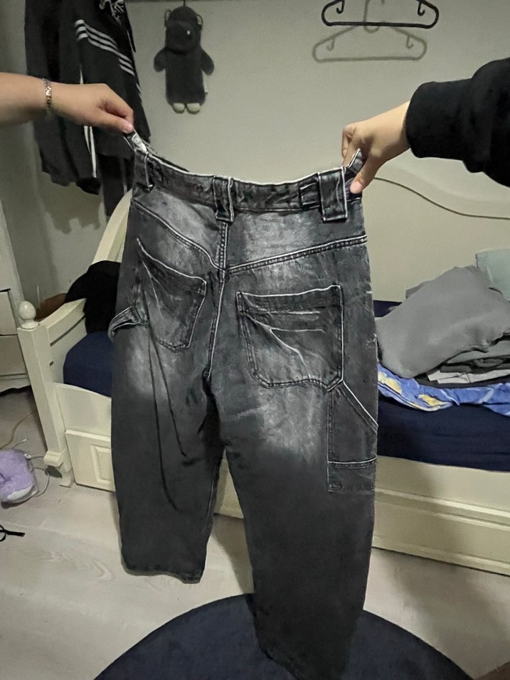 Gri Bol Kesim Midi Kot Pantolon - Görsel 3