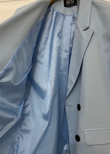 Düğmeli Mavi Kısa Kadın Blazer Ceket - Görsel 2